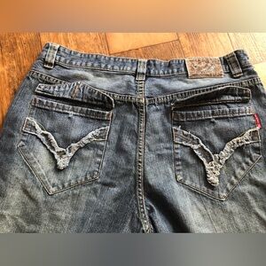 Womens 212 BLUE Jeans Size 40 With 31.5” Inseam, Green Stitching Distressed